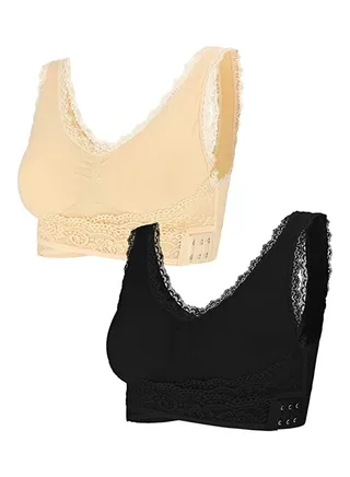 2 Pieces Lace Vest Bra Seamless Front Cross Bras Adjustable Side Buckle Bra for Women Gym Wearing, Beige, Black (XL) 