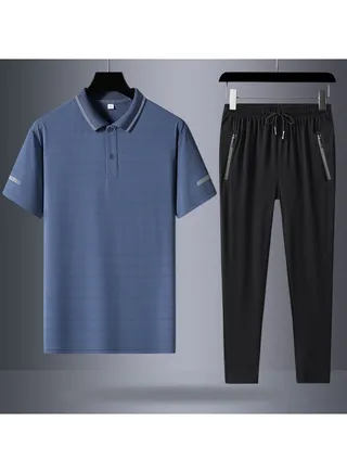 Ice Silk Short Sleeved POLOT T-shirt and Pants Quick Drying Two-piece set 