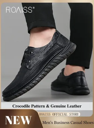 Men Business Casual Shoes Genuine Leather Shoes with Crocodile Pattern Slip Resistant Soft Sole Lace Up Design 