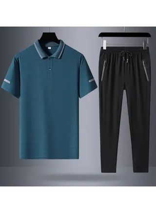 Ice Silk Short Sleeved POLOT T-shirt and Pants Quick Drying Two-piece set 