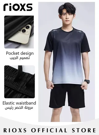Men's 2 Pieces Ice Silk Gradient Tie Dyeing Athletic Tracksuit Casual Workout Sportswear Set Crew Neck T-shirts & Loose Leg Shorts 