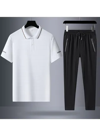 Ice Silk Short Sleeved POLOT T-shirt and Pants Quick Drying Two-piece set 