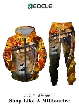 Men's 2 Pcs Hoodie Set Sweatshirt Suit 3D Printed Long Sleeve Hoodie with Zipper Trackpant Casual Suit 