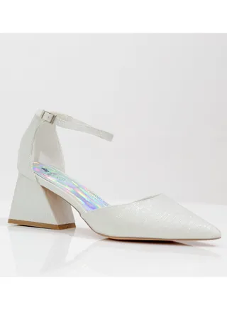Mibala heel open waist ankle shimmer strap pointy white 