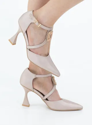 Vaila satin square trim cross belts open waist heel pointy champagne 