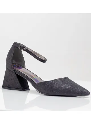 Mibala heel open waist ankle shimmer strap pointy black 