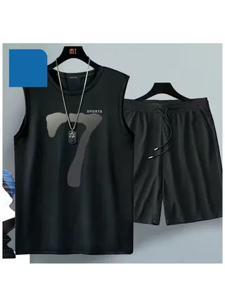 Men's Summer Ice Silk Vest Shorts Casual Large Size Sports Two Piece Set 