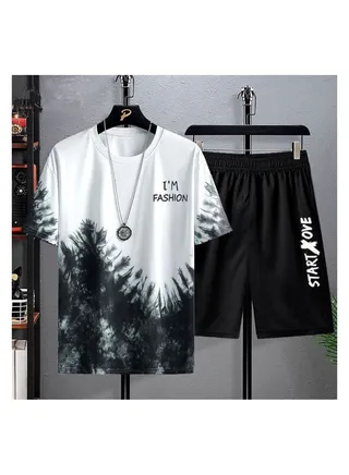 Summer Men's New Casual Ice Silk Short Sleeve Shorts Set 