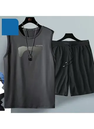 Men's Summer Ice Silk Vest Shorts Casual Large Size Sports Two Piece Set 