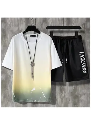 Men's New Summer Ice Silk Short Sleeve Shorts Set 