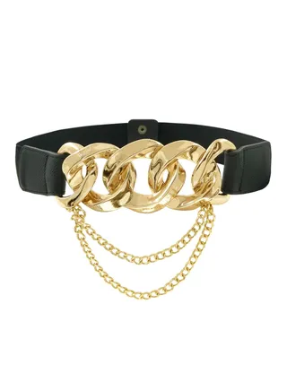 Leather Elastic Belts for Women Punk Stretchy Chain Belts Thick Belt with Chain for Dress (S) 