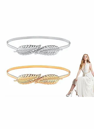 Women Metal Chain Leaves Belt, Skinny Elastic Stretchy Decorative Waistband Adjustable Interlock Buckle for Dress, Jeans, Formal Clothing, Skirts and Pants, 2 Pieces, Silver and Gold 