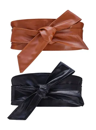 Woman Wide PU Leather Belt, 2Pcs Self Tie Cinch Belt Wrap Around Bowknot Waistband Bright Color for Dress, Ladies Bowknot Strap Leather Versatile Elegant Dress Corset Waistband Accessories 
