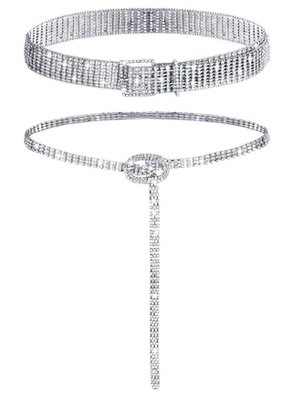 2 Pieces Women Rhinestone Belt for Dress Crystal Diamond Waist Belt Shiny Rhinestone Wide Waist Belt Ladies Belt and Ladies Dress Diamond Chain Belt, Silver,Medium, Fit Waist Size 27 to 34 Inch 