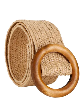 Women Belt, Women Woven Rattan Wide Stretch Straw Belt, Wooden Buckle Waist Belt, Suitable for dresses, Skirt Decoration, Fashion and Good Looking 