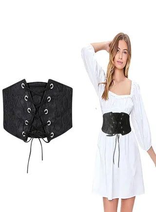 Black Corset Belt for Women Vintage Lace Tied Waspie Corset Belt  Elastic Waist Decoration for Dress Skirt Shirt Holiday Out Door Party Versatile Dress Belt Curve Women Shaper Training (M) 