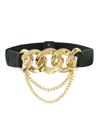 Leather Elastic Belts for Women Punk Stretchy Chain Belts Thick Belt with Chain for Dress (S) 