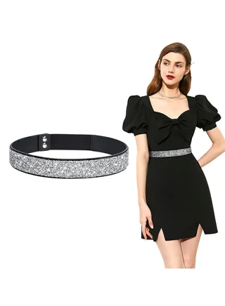 Rhinestone Elastic Belt for Women Stretchy Shiny Crystal Bling Wide Waist Dress S 