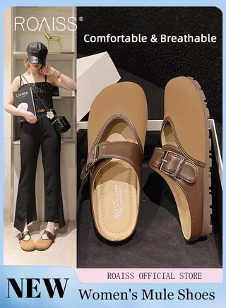 Toe Cap Backless Flats Shoes for Women Nubuck Leather Vintage Style Colourblocked Comfortable out Wear Half Slippers Ladies Casual Elegant Low Top Slip-On Shoes Sandals 