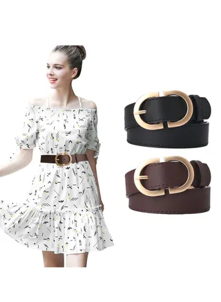 2 Pack Women Leather Belts For Dress Jeans Pants,Fashion Ladies Leather Belts, Women'S Leather Belts With Fashion Gold Metal Buckle,2.8CM Wide 105CM Long（Brown + Black） 