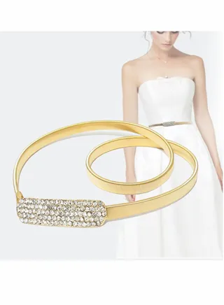 Women Metal Belt, Elastic Skinny Belt Waich Waist Belts Fashion Belly Gold Chain Waistband with Rhinestone Buckle for Dress, Jeans Pants 