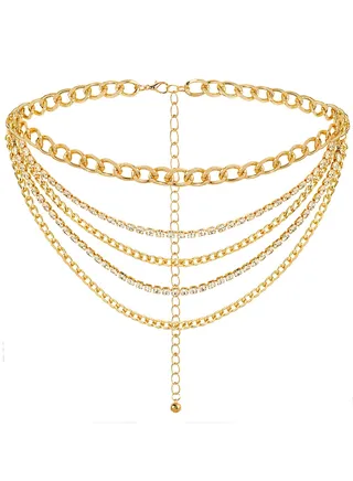 SYOSI Multilayer Crystal Chain Belts for Women Girls, Layered Rhinestones Metal Waist Chain Belly Chain, Adjustable Gold Metal Waist Chain Multilayer Chain Belts for Jeans Dress (S) 