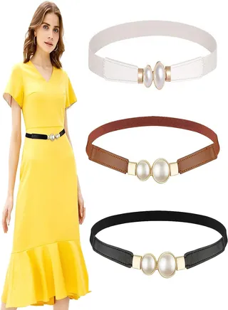 Women Skinny Elastic Waist Belt, Fashion Ladies Stretchy Pearl Belt Thin Belt for Dresses, 3pcs Fashion Simple Style, Creative Pearl Buckle Elastic Elastic Belt 