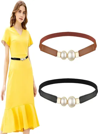 Women Skinny Elastic Waist Belt, Fashion Ladies Stretchy Pearl Belt Thin Belt for Dresses, 2pcs Fashion Simple Style, Creative Pearl Buckle Elastic Elastic Belt 