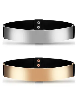 Ladies Mirror Elastic Belt, 2 Pieces Adjustable Fashion Slim Dress Belt Clothes Decorative Accessories for Girls Women (Silver, Gold) 