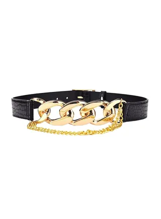 PU Leather High Waist Belt, Women Gold Chain Belt, Chunky Punk Style Belt, Skinny Dress Belt Dress Belt Black 