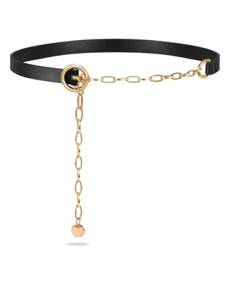 Women Chain Belt, Skinny Faux Leather Waist Belt, Detachable Chain Belt with Gold Alloy O -Ring Pin Buckle for Dress, Jeans, Summer 