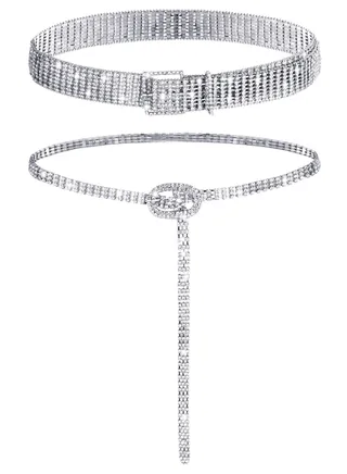 2 Pieces Women Rhinestone Belt for Dress Crystal Diamond Waist Belt Shiny Rhinestone Wide Waist Belt Ladies Belt and Ladies Dress Diamond Chain Belt, Silver,Medium, Fit Waist Size 27 to 34 Inch 