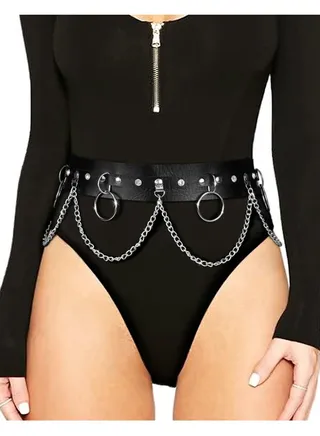 Punk Black Waist Chain Belt for Women, Leather Rave Body Goth Accessories Jewelry. Perfect for adding edge to outfits. 