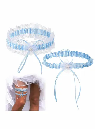 Blue Bridal Garter, 2Pcs Lace Garter Belts, Lace Wedding Garters with Flower 