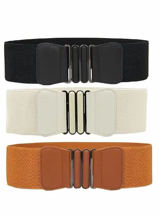 3 Pieces Dress Double Oval Buckle Elastic Belts Ladies Patent Leather Wide Waists Clothes Ornaments 