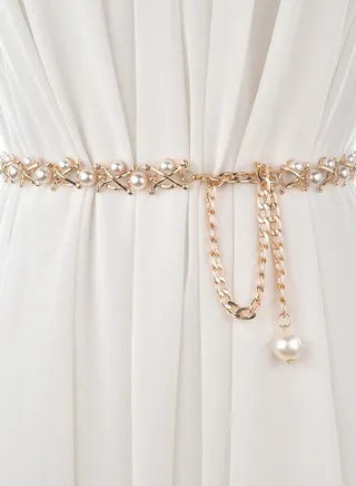 Chain Tassel Decorative Belt Gold/White 