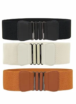 3 Pieces Dress Double Oval Buckle Elastic Belts Ladies Patent Leather Wide Waists Clothes Ornaments 