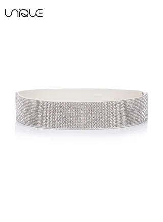 Rhinestone Elastic PU Leather Belt Shiny Crystal Stretch Waist Belt Wide Waist Band for Women Dress 