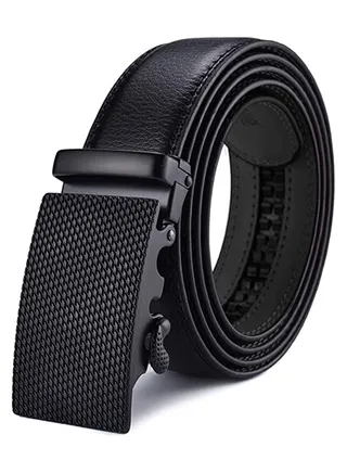 Leather Ratchet Dress Belts with Automatic Buckle Belt Fashion Soft Comfortable and Durable Quality Adjustable Trim to Fit Black 