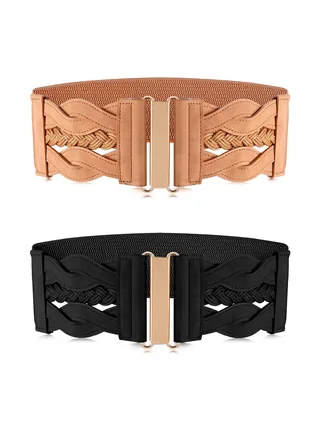 2 Pieces Women's Waist Belt Wide Elastic Retro Belt Stretchy Wide Waist Belt Cinch Retro Buckle Belt 