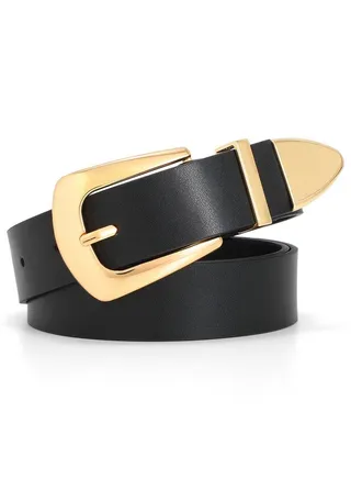 Women Leather Belt For Jeans Pants Dresses Fashion Ladies Western Leather Belt With Solid Gold Buckle S Black 