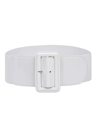 Ladies High Stretchy Waist Wide Patent Fashion Plain Leather Belt White L 