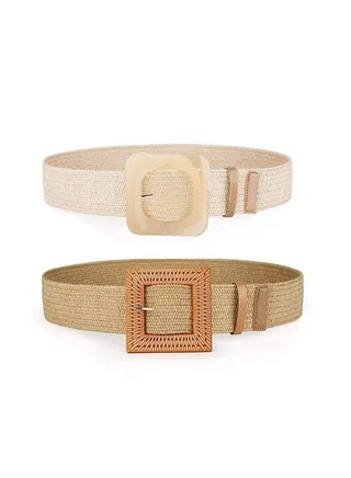 2 Pack Elastic Wide Belt For Women Summer Stretch Straw Woven Belts Waistband With Pin Buckle Beige & Khaki 