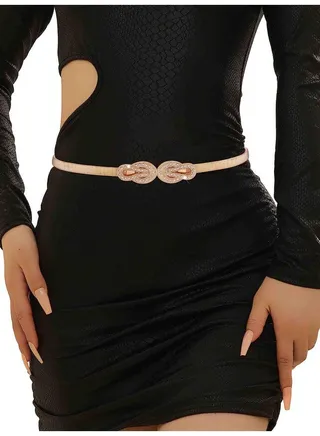Women Elastic Belt Metal Gold Belt Thin Rhinestone Skinny Waist Belt For Women Dresses (Long1) 