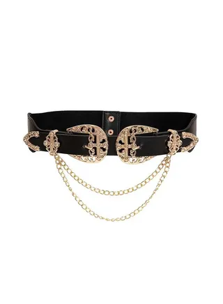Women'S Double Buckle Chain Cowgirl Belts Leather Elastic Waist Belt Black 70 
