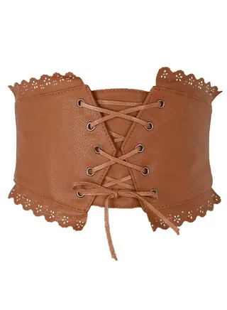 Womens Elastic Wide Band Laceup Corset Cinch Belt With Press Button Fit Waist 24.8"32.7" Brown 