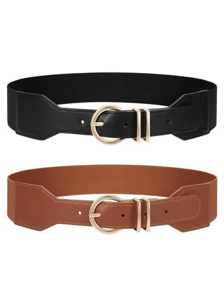 2 Pack Women Wide Elastic Waist Belt Ladies Stretchy Dress Belts With Gold Buckle(Black+Brownfit Waist Size 34"38") 