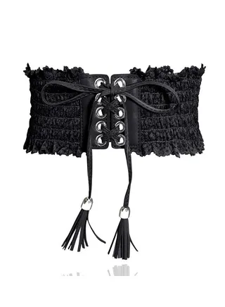 Lace Elastic Belt For Womenadjustable Faux Leather Waist Belttassel Obi Cinch Beltblack 