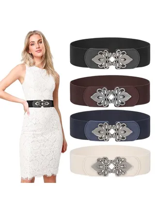 4 Pack Women Wide Elastic Waist Belt For Dress Vintage Stretch Cinch Belt Retro Buckle 