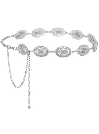 Western Chain Belts For Women Cowgirl Concho Country Belts Metal Adjustable Vintage Silver Belt 